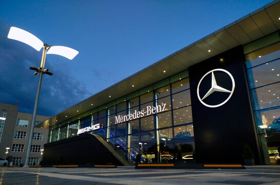 Moscow, Russia &ndash; July 24, 2024: Mercedes-Benz dealership against the background of the evening sky.