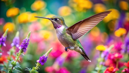 Naklejka premium Hummingbird in Flight Over Colorful Flowers, Bird, Nature, Wildlife, Garden