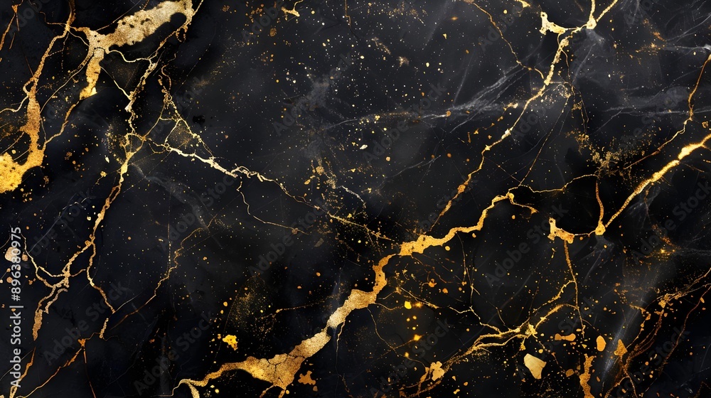 Wall mural Black marble texture background with golden veins