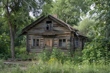 Rustic, dilapidated wooden house stands surrounded by lush vegetation, invoking a sense of mystery