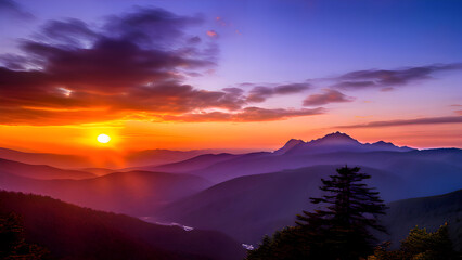 Obraz premium a-serene-sunset-scene-with-the-sun-setting-behind-a-mountain-range-casting-a-warm-glow-over