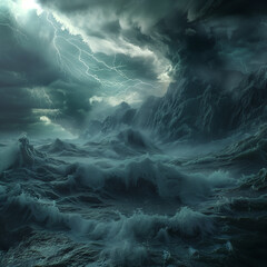 Tempestuous Sea Under a Stormy Sky with Dramatic Lightning and Roiling Waves