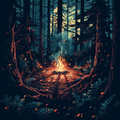 Enchanted Twilight Forest with a Glowing Campfire and Mystical Evening Light