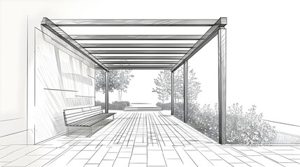Linear architectural sketch of pergola with bench