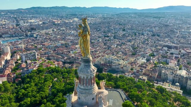 Notre-Dame de la Garde in Marseille aerial view, establishing shot of French town of Marseille, travel and tourism in France