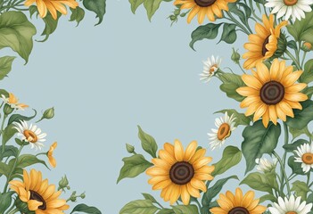 Frame banner Watercolor Daisy and sunflower, gift card design, illustration