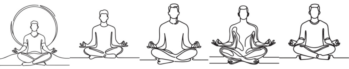 set vector of people doing yoga and meditation continuous line