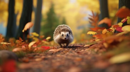 Fototapeta premium Hedgehog Walking Through Autumn Leaves