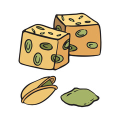 Illustrated pistachio candy cubes with scattered nuts, showcasing a tasty, sweet treat. Perfect for food blogs, snack packaging, or gourmet dessert marketing.