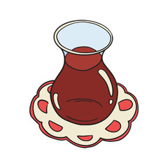 Illustration of a traditional Turkish tea glass filled with red tea, placed on a decorative coaster. The glass is handleless and curved, capturing the essence of Turkish tea culture.