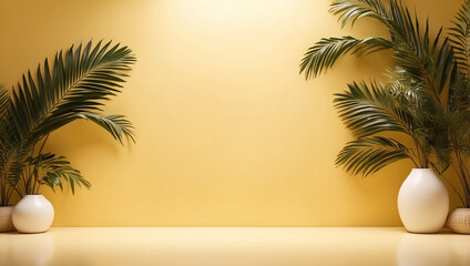 Empty Yellow Room Background with Light, Palm Leaves, for product presentation of Cosmetic