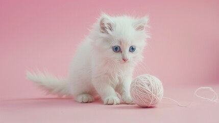 A fluffy white kitten with piercing blue eyes, batting playfully at a ball of yarn against a soft pastel pink background.