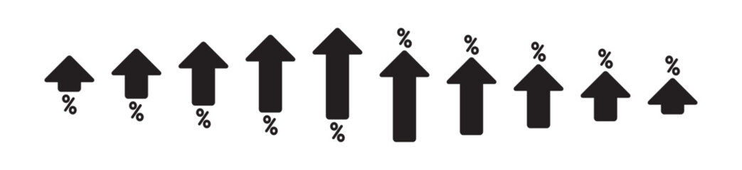 Simple percent arrow flat icon with up and down arrows isolated, collection of symbols and percent up and down arrows, percentage growth and decline signs vector in transparent background.