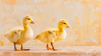 A pair of fluffy ducklings waddling in a row, their yellow feathers bright against a light orange background.