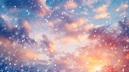 Obraz premium Wintry backdrop of fluttering snowflakes against a vibrant sky, creating a picturesque scene of a snowy winter day. Perfect for adorning your digital screens with the magic of a snowfall.