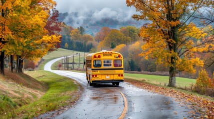 school bus on a road in the middle of the forest in autumn