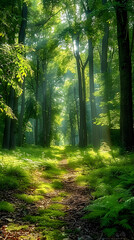 Sunlit Woodland Path: An Idyllic Scene of Nature's Tranquil Beauty with Sunlit Canopy and Leafy Forest Floor