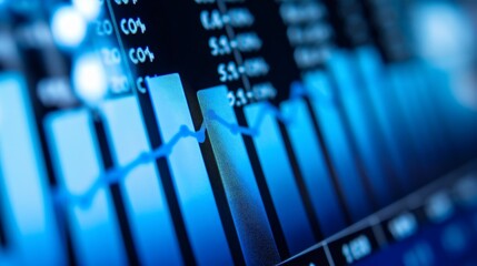 Closeup digital screen displaying business diagrams and bar charts, stock market graphs with growth trend and codes numbers, technology and economy, finance and investment, profit and loss anlysis