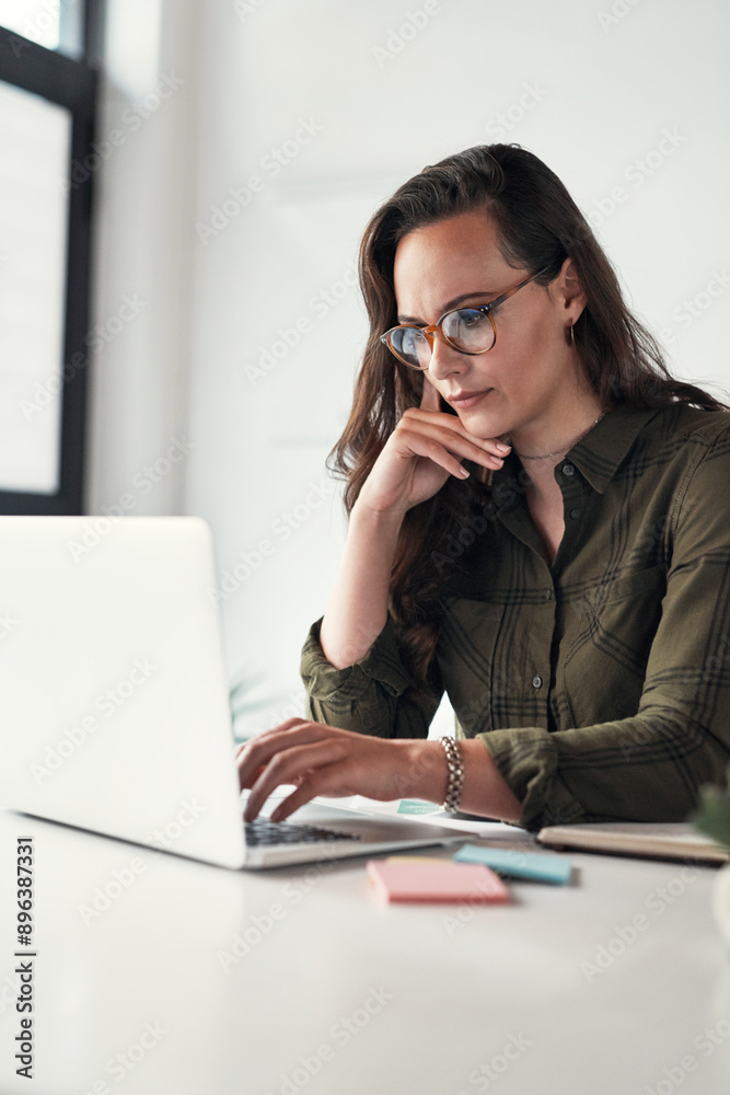 Poster thinking, woman and typing at desk with computer for research, email and communication. business, te