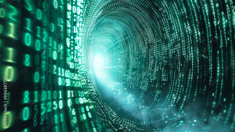 Poster futuristic digital binary stream in abstract tunnel representing data transfer and technological con