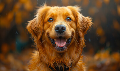 Golden Retriever in Autumn Rain, Happy Pet Outdoors, Joyful Dog Expression, Fall Colors, Rainy Day Happiness Concept, Wet Fur, Nature Background