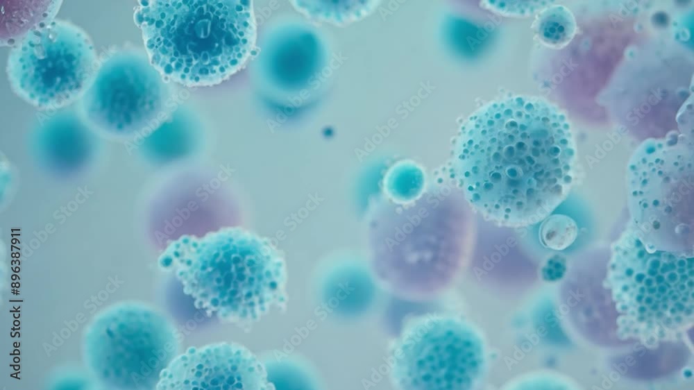 Aufkleber A close-up view of numerous blue and purple cells in a fluid environment. The cells are round and appear to be floating freely.