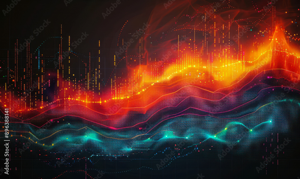 Poster vibrant financial data visualization with abstract light patterns in dark setting showing stock mark