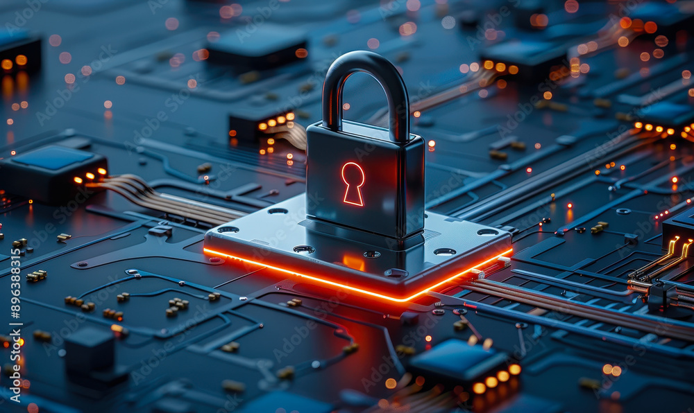 Poster advanced cybersecurity technology concept with secure padlock on computer circuit board representing