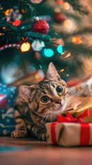 cat near the Christmas tree. christmas pets. happiness, celebration and fun. furry animals.