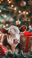 cow, bull near the Christmas tree. christmas pets. happiness, celebration and fun. artiodactyl animals.