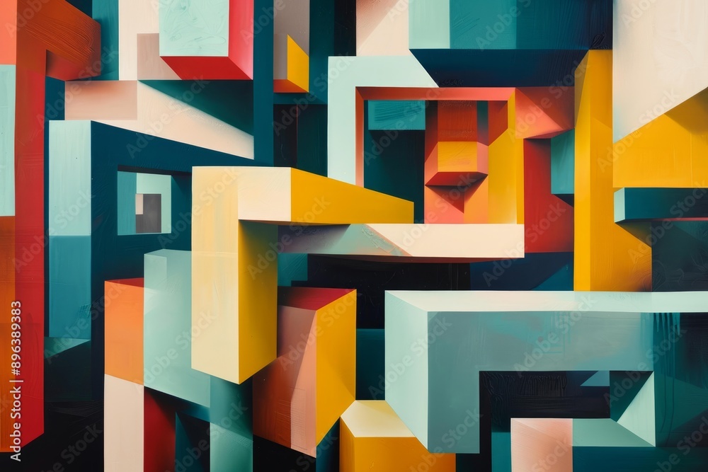 Poster vibrant and dynamic abstract geometric shapes painting with interlocking colorful blocks and a 3d ef