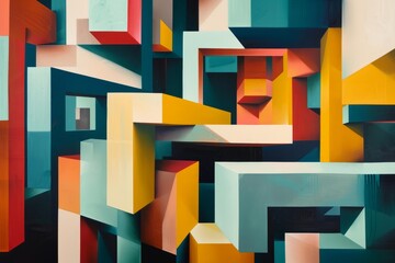 Vibrant and dynamic abstract geometric shapes painting with interlocking colorful blocks and a 3d effect on canvas. Featuring a modern