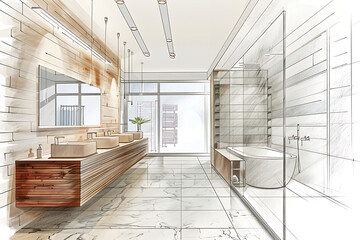 Modern bathroom interior with wooden decor in eco style. 3D Render