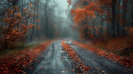 Autumn Road Through a Misty Forest