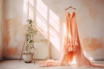 Beautiful peach wedding dress on clothes rail in white room. Bridal dresses collection at showroom. Luxury bridal gowns shop. Peach fuzz color