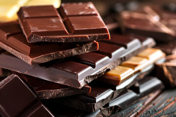 Stack of dark chocolate texture bars on a black background. Close up, copy space.