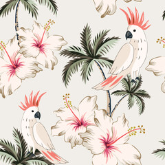 Tropical cockatoo parrots, palm trees, hibiscus flowers, white background. Vector seamless pattern. Floral illustration. Exotic plants, birds. Summer beach design. Paradise nature © ojardin