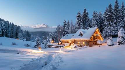 winter in the mountains snowy weather cozy loghouse