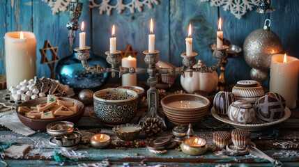 Fototapeta premium a traditional Hanukkah menorah with candles lit, placed on a table with Hanukkah decorations, dreidels, and gelt 