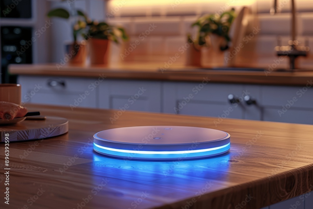 Aufkleber Modern smart device with glowing blue lights, representing advanced home technology and connectivity, ideal for home automation and energy-efficient control in a sleek design