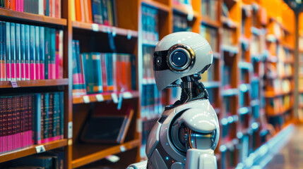 Fototapeta premium A humanoid robot stands in a library, surrounded by bookshelves filled with colorful books. The scene represents the intersection of technology and knowledge in a modern educational setting.