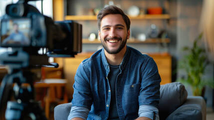 Smiling Man Being Interviewed on Camera. Cheerful man in a casual shirt sitting for an on-camera interview in a cozy room, giving a sense of approachability and openness.