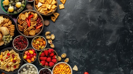 Variety of snacks from top view on dark background