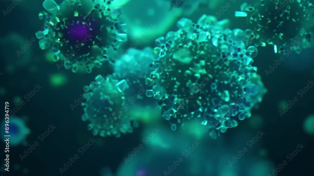 Aufkleber Several cells with purple nuclei float in a teal fluid, their surfaces covered in small bubbles.