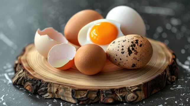 Various eggs and shells on a wooden platter