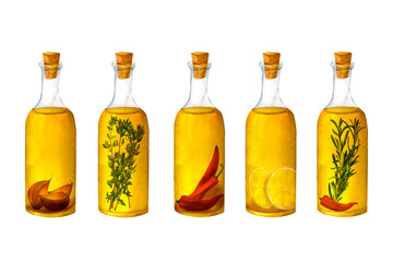 Set of bottles of flavored olive oil with spices, herbs, hot chili pepper, garlic, lemon, thyme and rosemary isolated on white background. It can be used for prints on textile and paper recepy, menu
