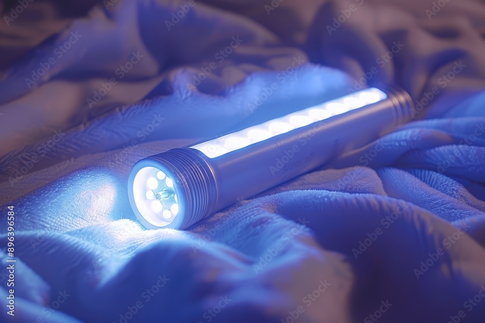 Aufkleber blue led flashlight glowing softly, highlighting its modern design and technology, perfect for porta