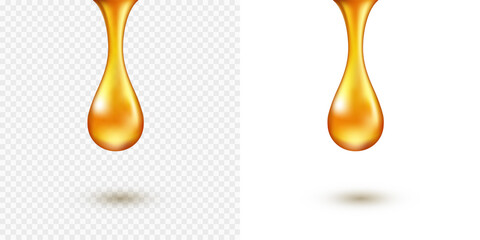 Oil drop or gold honey drip isolated on transparent background. Orange caramel, confectionery syrup, sauce droplet. Vector melted bee nectar template