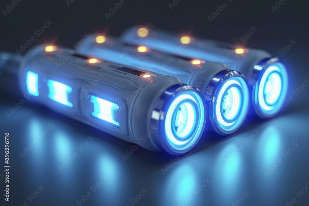 Poster futuristic blue batteries with glowing lights, representing advanced technology in energy storage an
