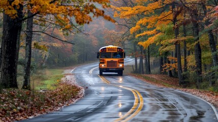 Obraz premium school bus on a road in the middle of the forest in autumn